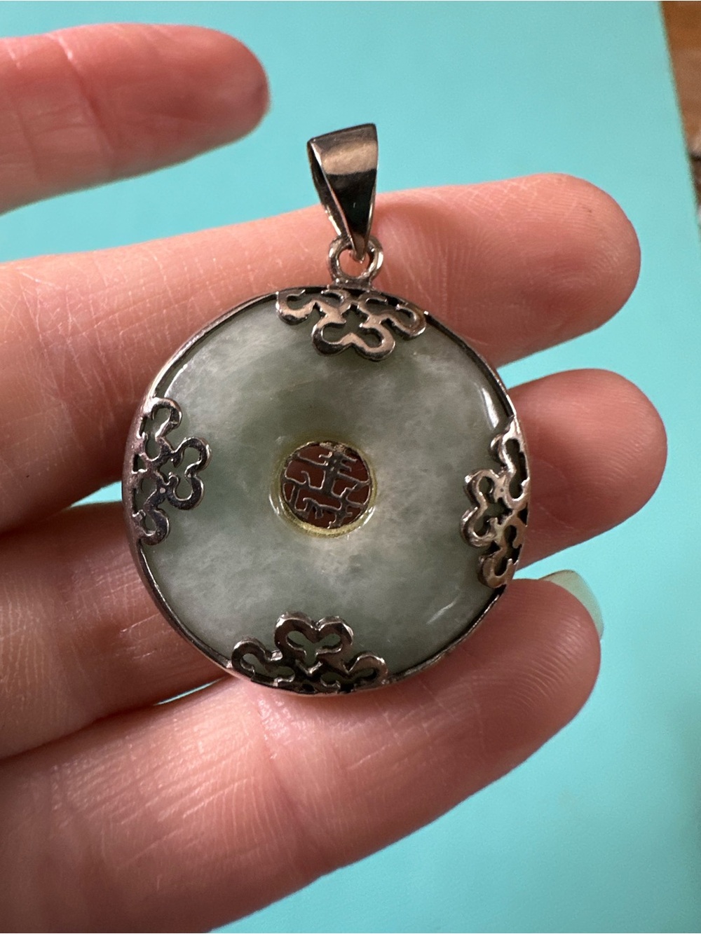 Vintage Sterling Silver And Jade Donut Asian Pendant